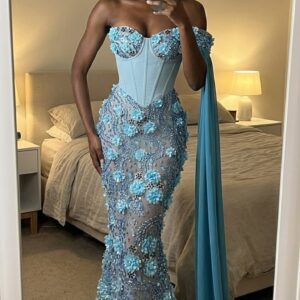 3DFloral Embellished Lace Fabric